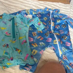 Kids Blue & Teal Long Sleeve Swim Romper Set - Flip Flop & Mermaid Prints